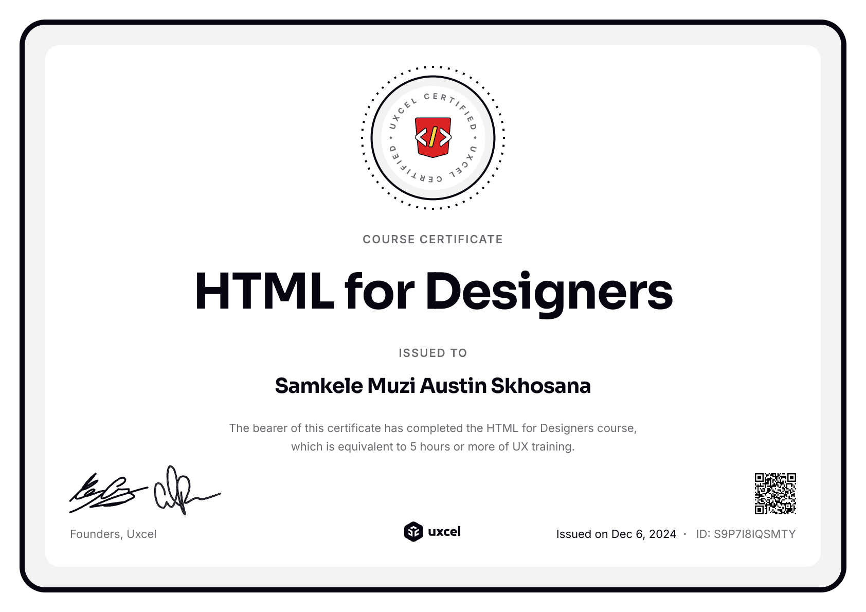 Samkele Muzi Austin Skhosana's certificate